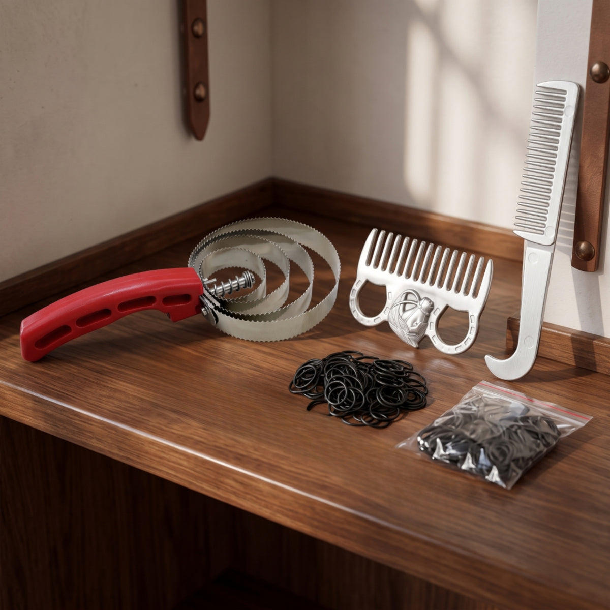 5 Pieces Horse Grooming Kit with Sweat Fine-Toothed Horse Comb Set with Hair Bands Metal for Riders, Barn, Stable