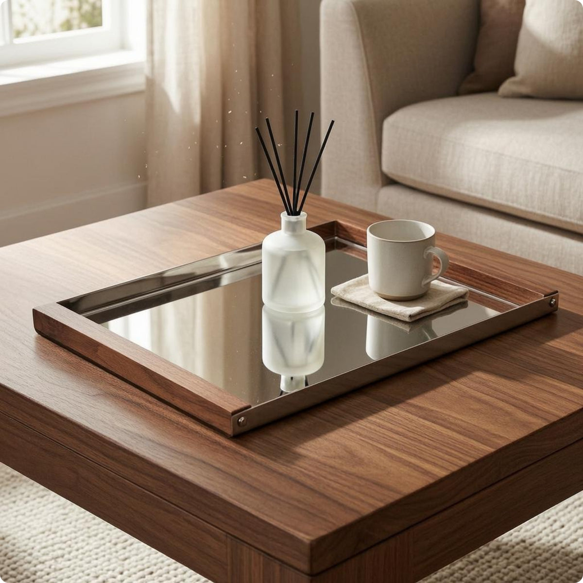 Rectangular Serving Tray Mirrored Mirror Tray Metal Corners Home