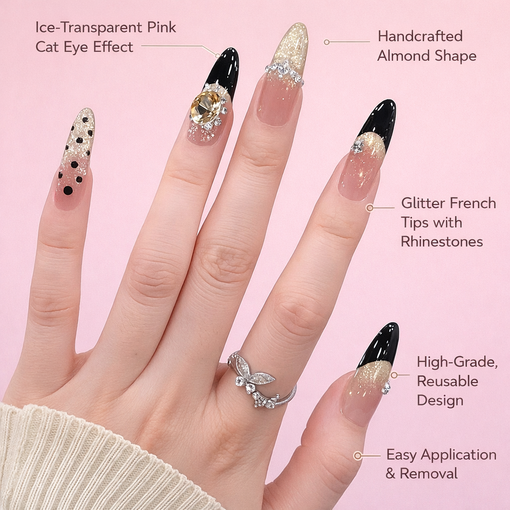 Nails Short Fake with Eye Artificial Reusable for Daily Wear and Special Occasions, Complete Kit