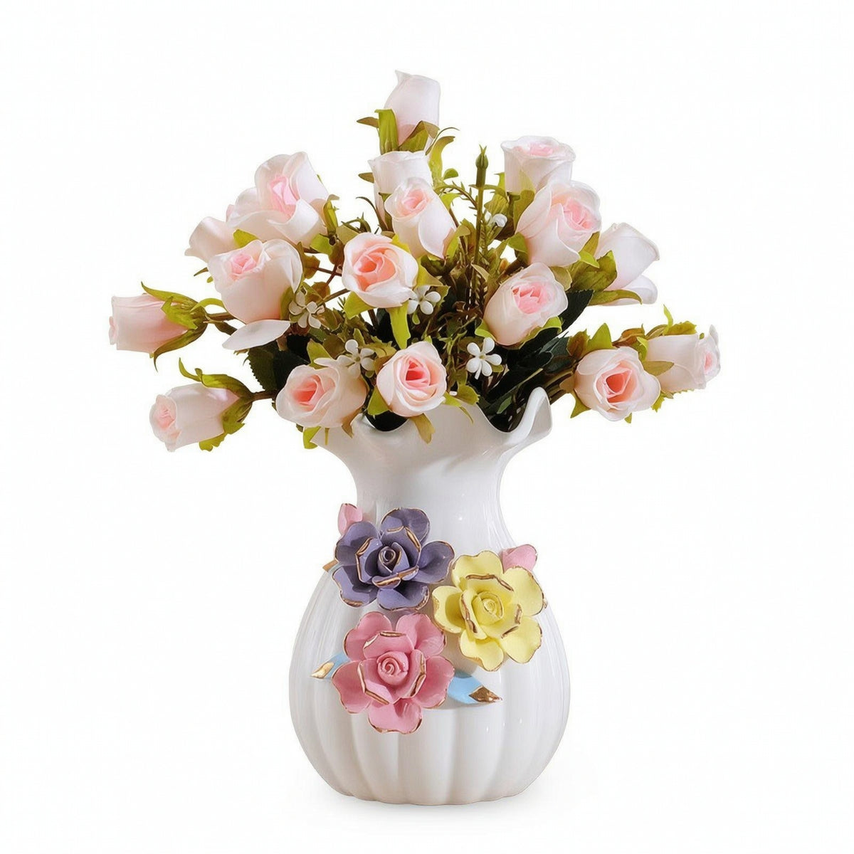 Flower Arrangement with Vase Compact Artificial Rose Bouquet for Reception Desk