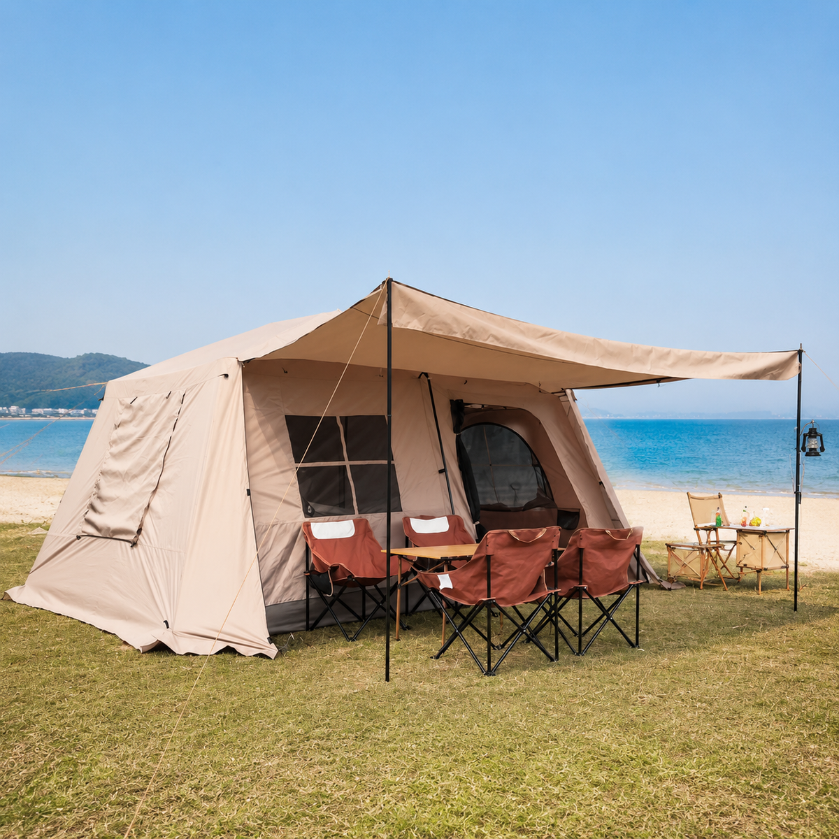 Tunnel Camping Tent, 4 Season Family Tent 3000mm Waterproof, 420x300x200cm with Extended Awning, Gold and Silver Tape