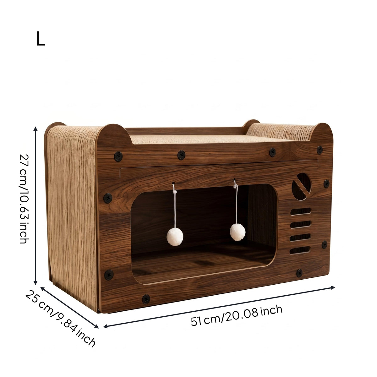 Raised Backrest Feline House Scratching Board Combo Flat Top Wood-Look Feline House Paw-Print Cutouts Pet Furniture