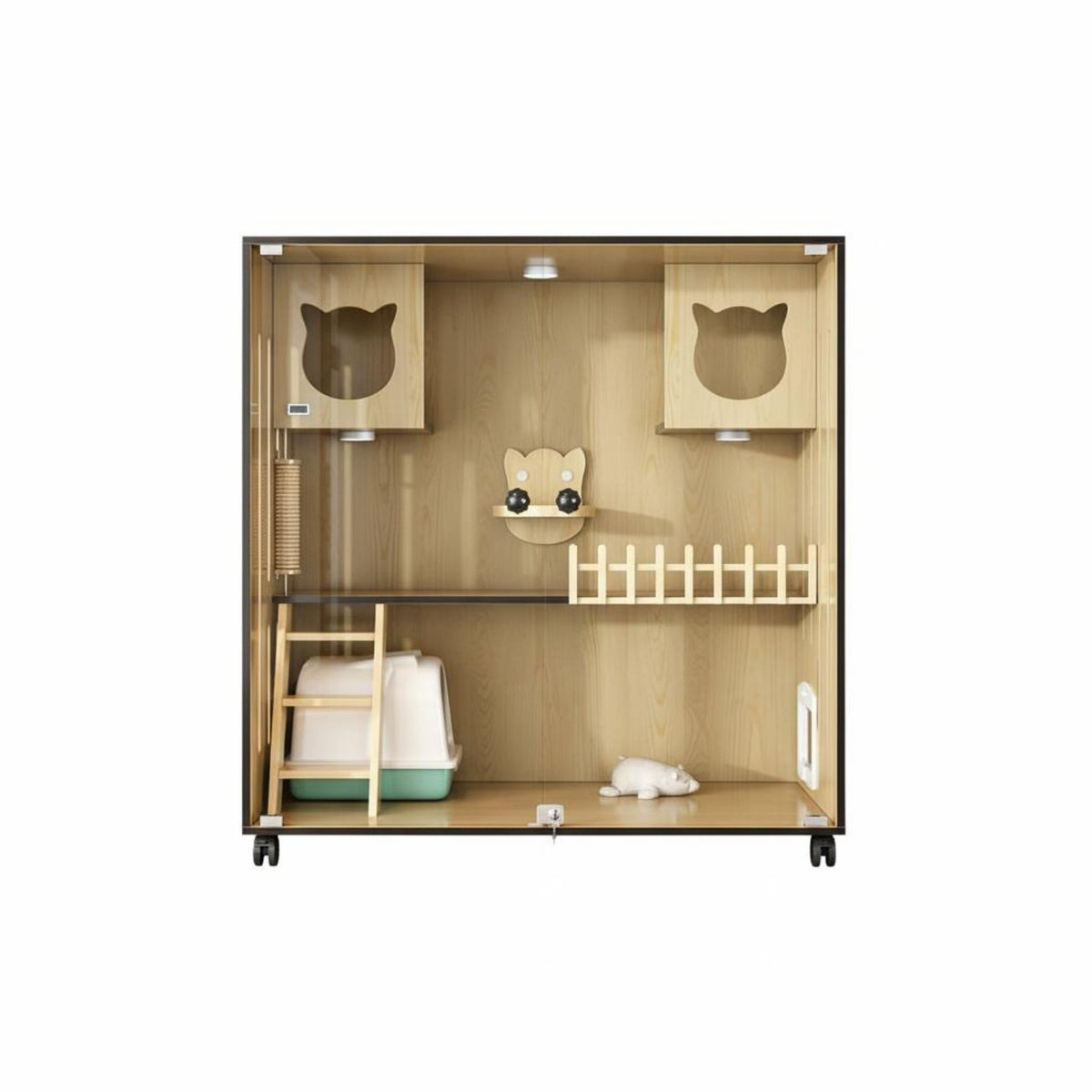 Cat Activity Center Cat Tower with Storage Cat Tree with Litter Box Enclosure Hidden Cat Litter Furniture Sturdy Wooden Structure Clear Glass Door Suitable for Indoor Cats Home Use