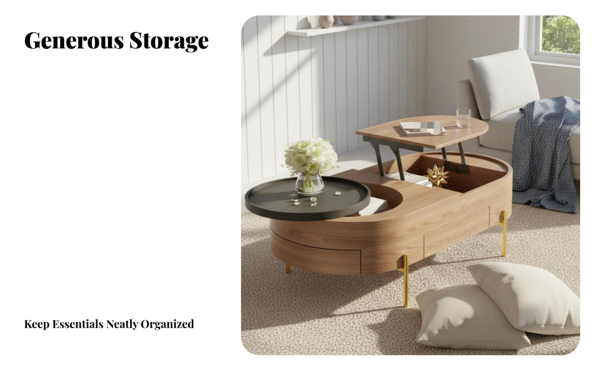 Oval Shape elevateTop rotate Coffee Table Space-Saving Living Room Furniture Modern visual and aesthetics changeable Centerpiece Multi-Functional for Apartment Dwellers, homeowners, telecommuter Workers, Small areas, Lounge Area, Den, Home Office