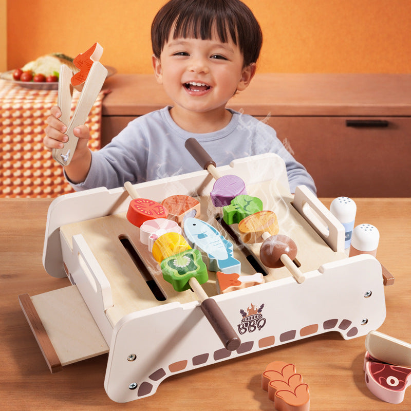 Wooden Kids BBQ Grill Play Set with Simulated Food and Rotating Feature