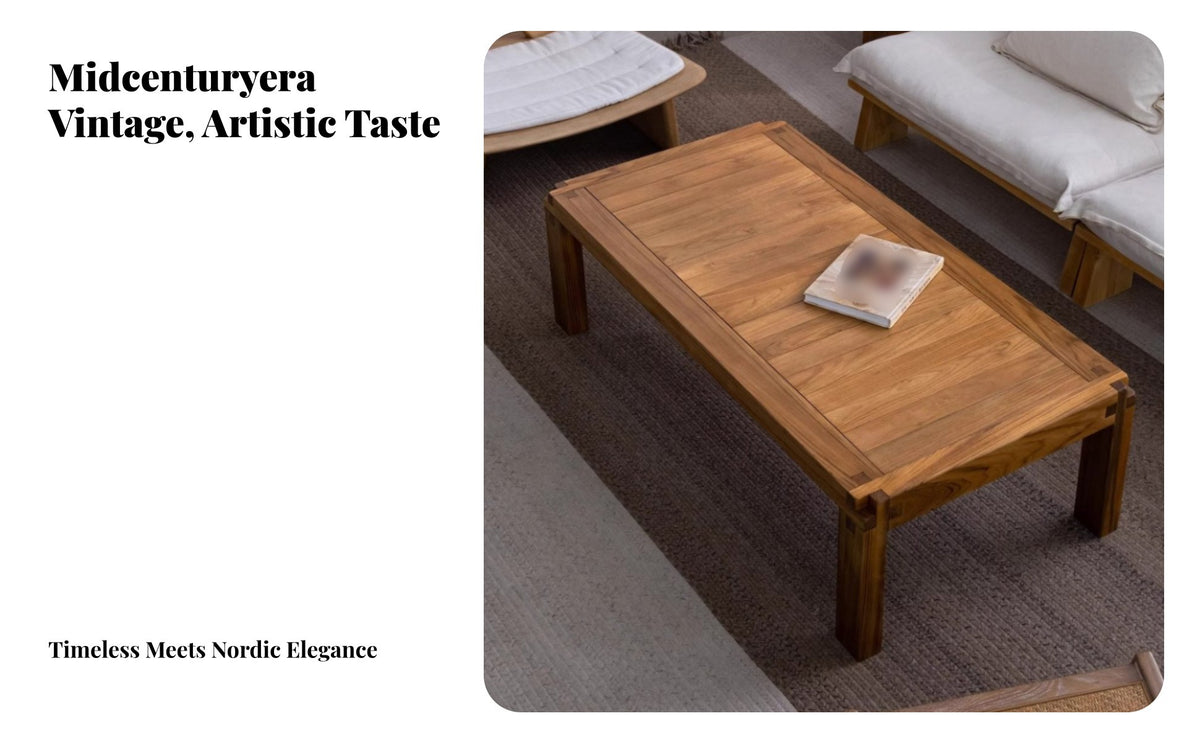 Retro Design Mortise and Tenon Joint Table Natural Grain Pattern Square Block-Leg Coffee Table Sturdy Construction Living Room Furniture Minimalist Aesthetic for Interior Designers, Homeowners, Apartment Dwellers, Courtyard, Balcony, Lounge Area, Office