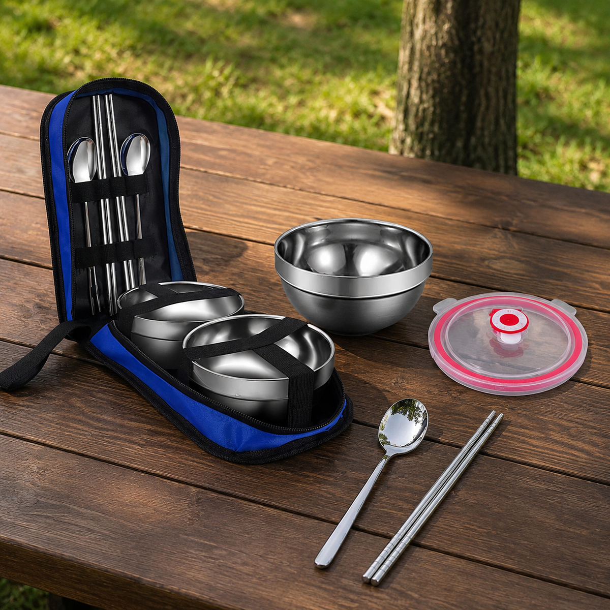 Double-walled cutlery set, travel cutlery set made of 304 material, dishwasher-safe for picnics & camping, portable camping cutlery with bag