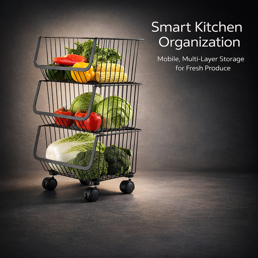 Stainless Steel Kitchen Storage Trolley on Wheels for Vegetables and Fruits, Rolling Bathroom Cart with Removable Baskets