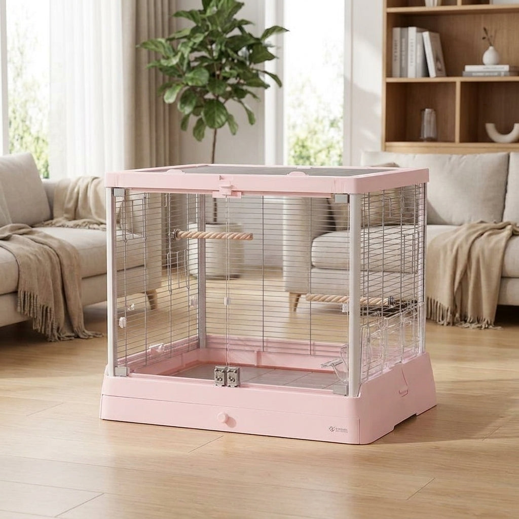 Large Bird Cage with Glass Panels, Luxury Metal Parrot Cage for Indoor Use, Tabletop Glass Bird Cage for Parrots with Accessories, Pull Out Tray