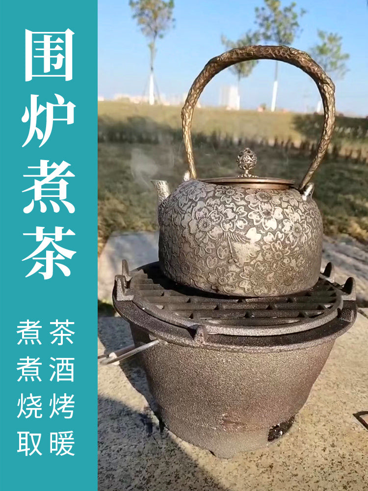 Large Cast Iron Charcoal Grill for Outdoor Patio, Home Barbecue, and Tea Ceremony
