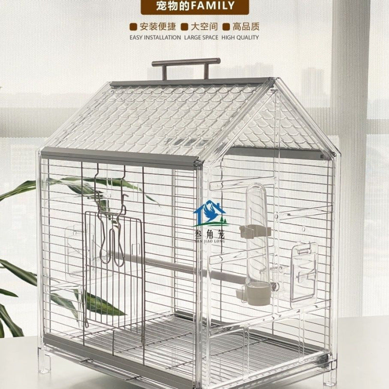 Stainless Steel Villa Bird Cage for Parrots, Peonies, Cockatiels, Mynah Birds, Anti-splash, Stainless Steel + PC Material