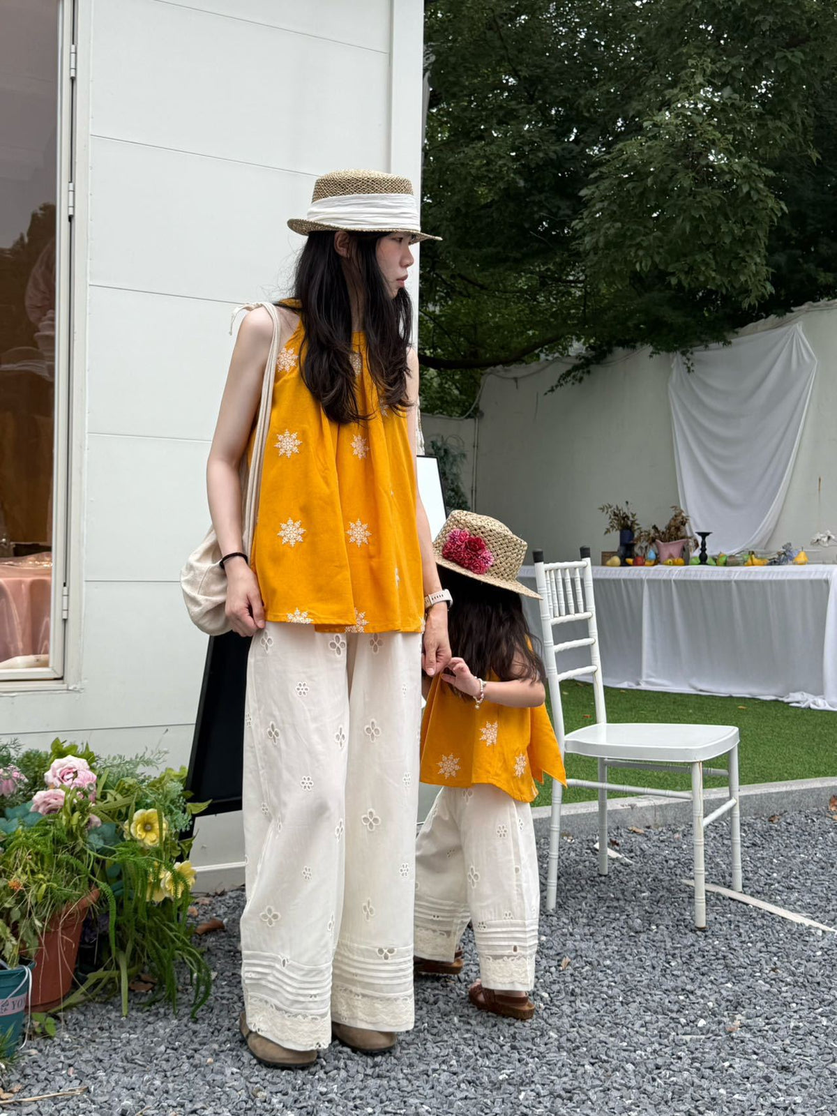 Mother-Daughter Matching Embroidered Vest & Lace Wide-Leg Pants Set for Summer Vacation