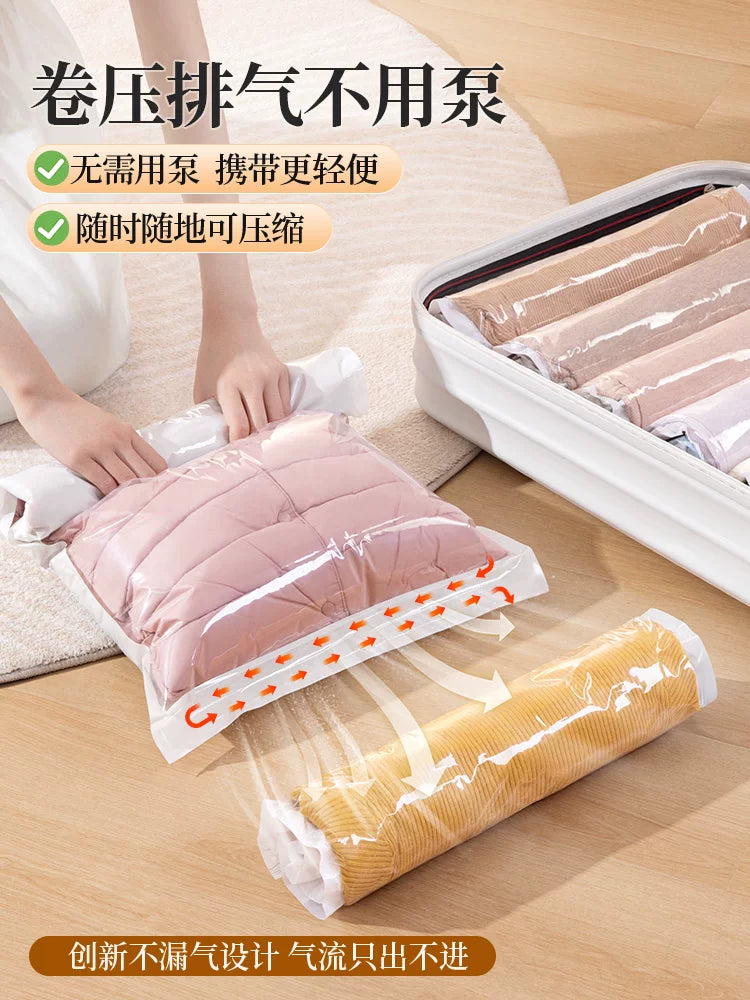 Travel Vacuum Compression Bags for Luggage, No-Pump Clothes Storage for Down Jackets