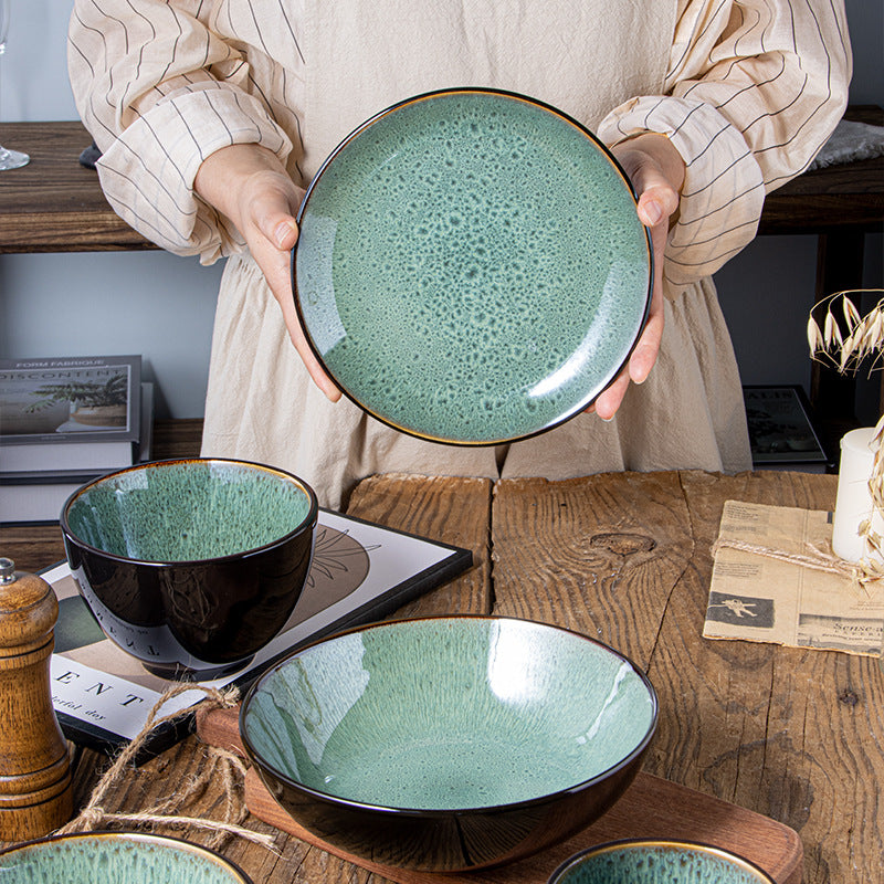 Ceramic Dinnerware Set Peacock Glaze Steak Plate Salad Bowl Noodle Bowl Nordic Retro Home Use