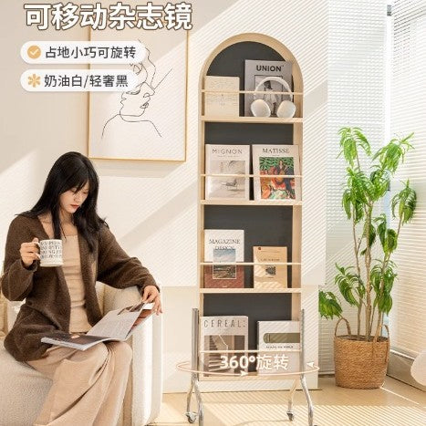 Full-Length Mirror with Magazine Rack, Movable Rotating Dressing Mirror for Bedroom Living Room, Cream Style Floor Mirror