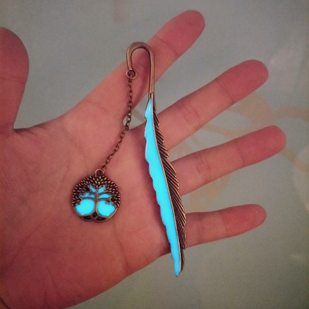 Luminous Feather Bookmark with Dragonfly, Moon, Sun, Stars, and Tree of Life Designs