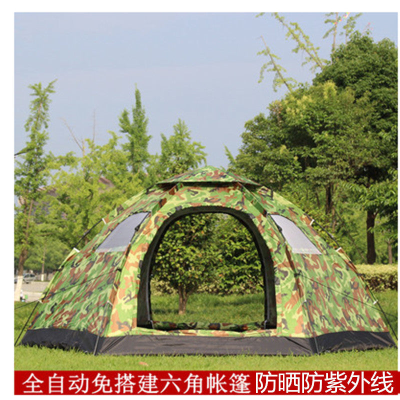 Automatic Pop-Up 6-8 Person Camouflage/Blue Hexagonal Tent for Outdoor Camping, Beach, Hiking