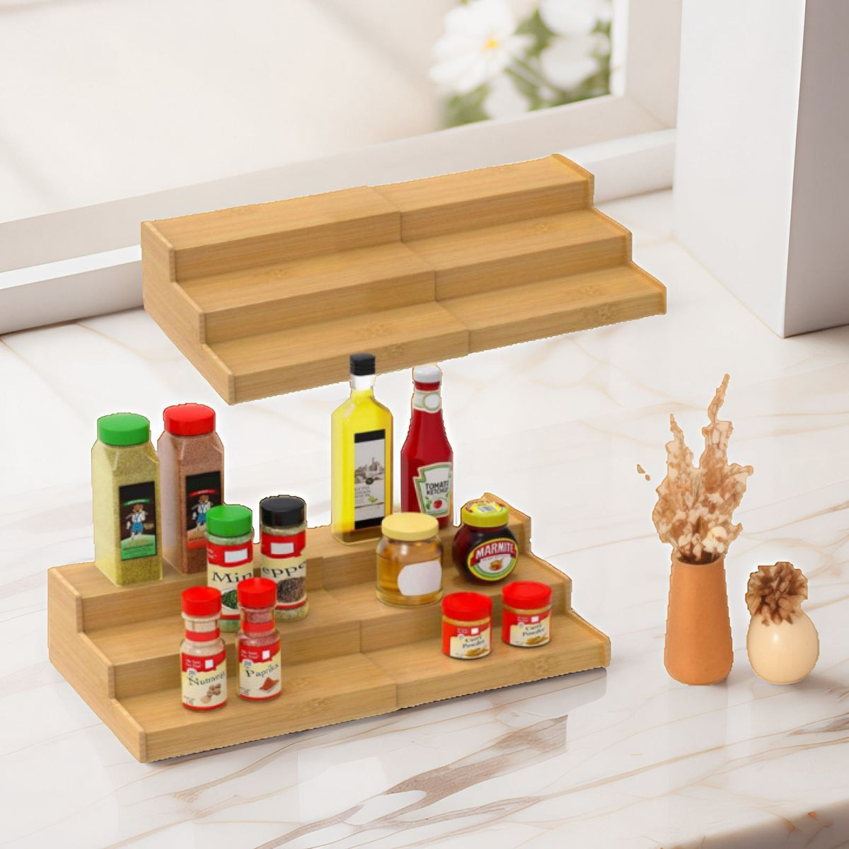 Bamboo Expandable 3-Tier Kitchen Spice Rack Organizer