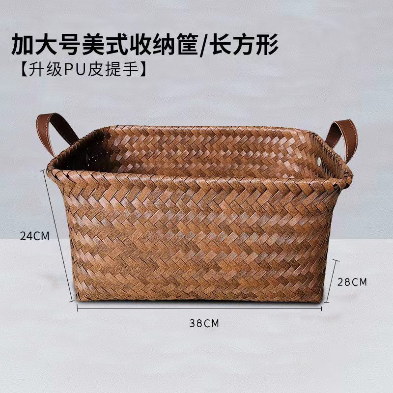 American Style Woven Storage Basket with Leather Handle