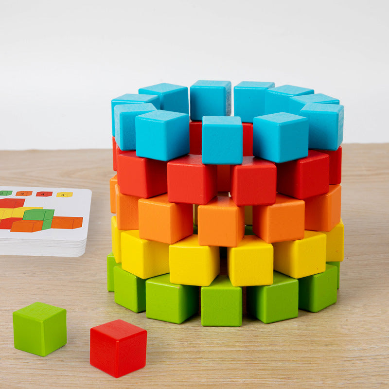 Wooden Rainbow Cube Building Blocks for Kids, Educational Math & Spatial Thinking Toy