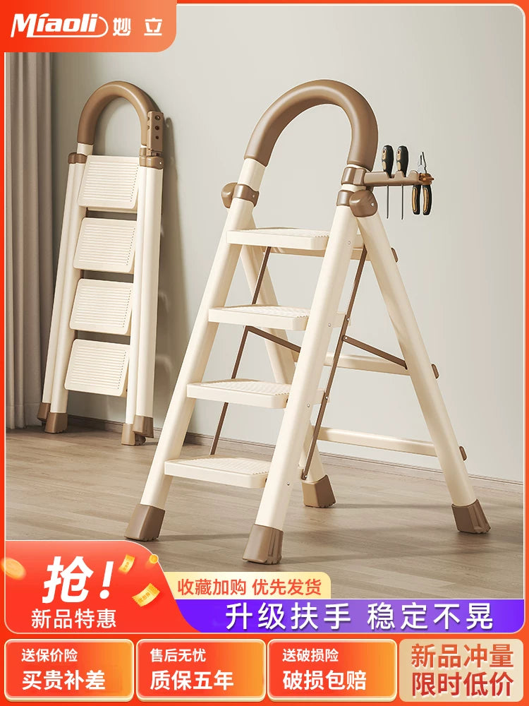 Myoli Household Folding Carbon Steel Ladder, Multi-functional Portable Indoor Step Stool