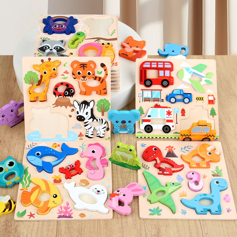Wooden 3D Jigsaw Puzzle Set for Kids, Montessori Early Education Animal and Vehicle Recognition Toys