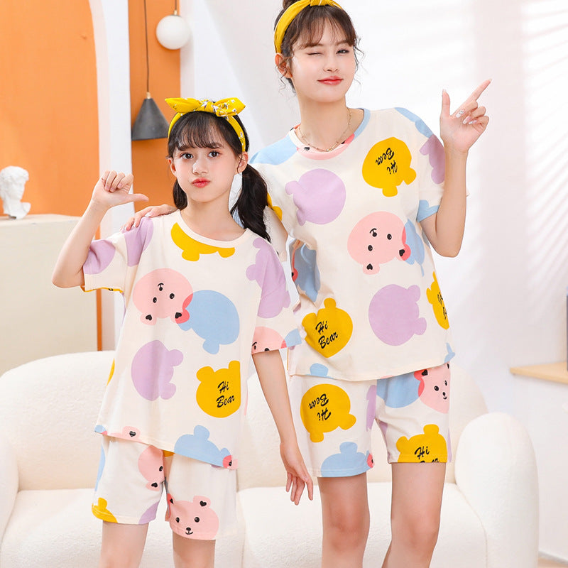 Kids' Cotton Short Sleeve Pajama Set, Thin Summer Cartoon Print Mother-Daughter Matching Homewear