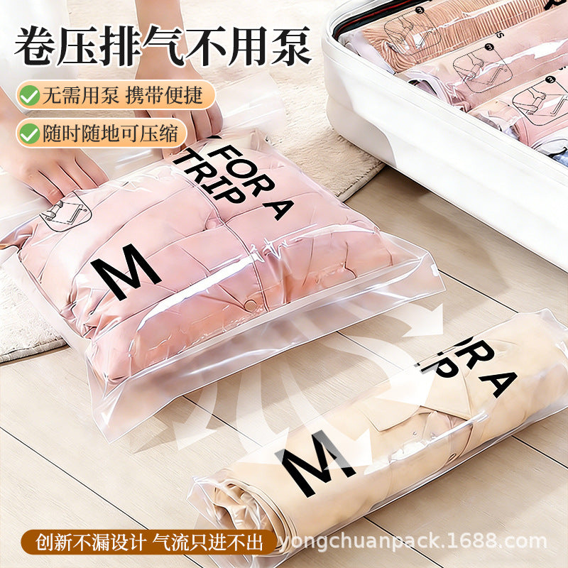 Hand-Roll Vacuum Compression Bags for Travel Clothes Storage, No Pump Needed, Space-Saving