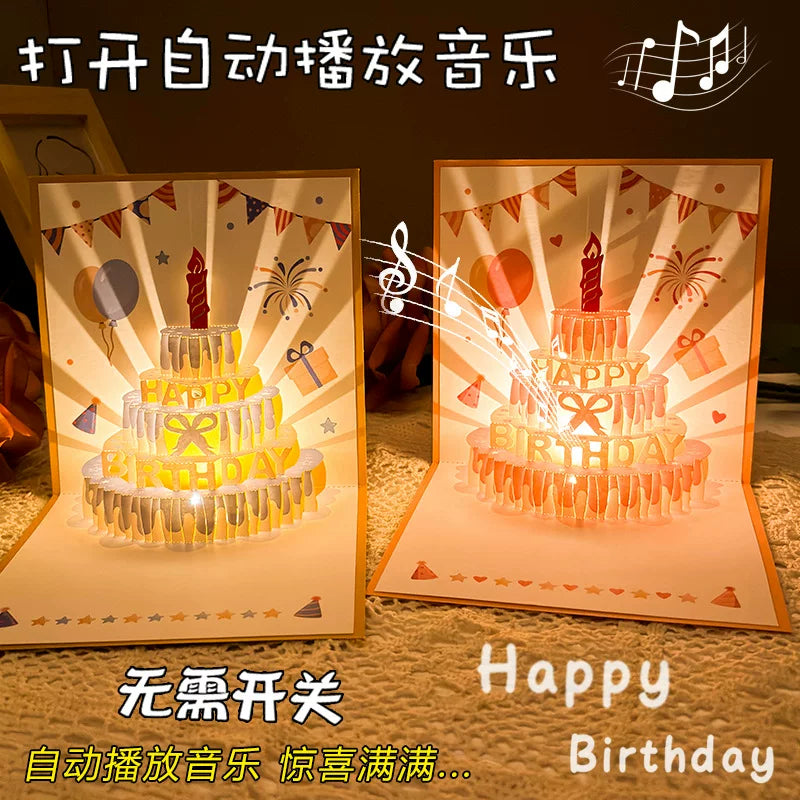 3D Musical Light-Up Birthday Cake Greeting Card with Recordable Message