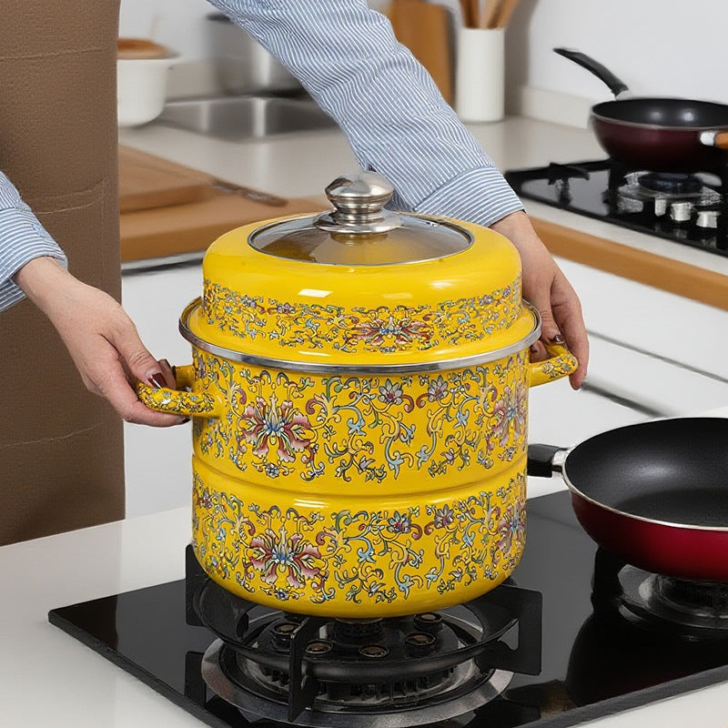 Enamel Steamer Pot with Lid, Thickened Double-Layer Stockpot for Induction & Gas Stoves