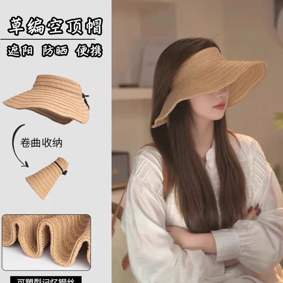 Japanese Style Straw Wide Brim Sun Visor for Women, Rollable Beach Vacation Sun Hat