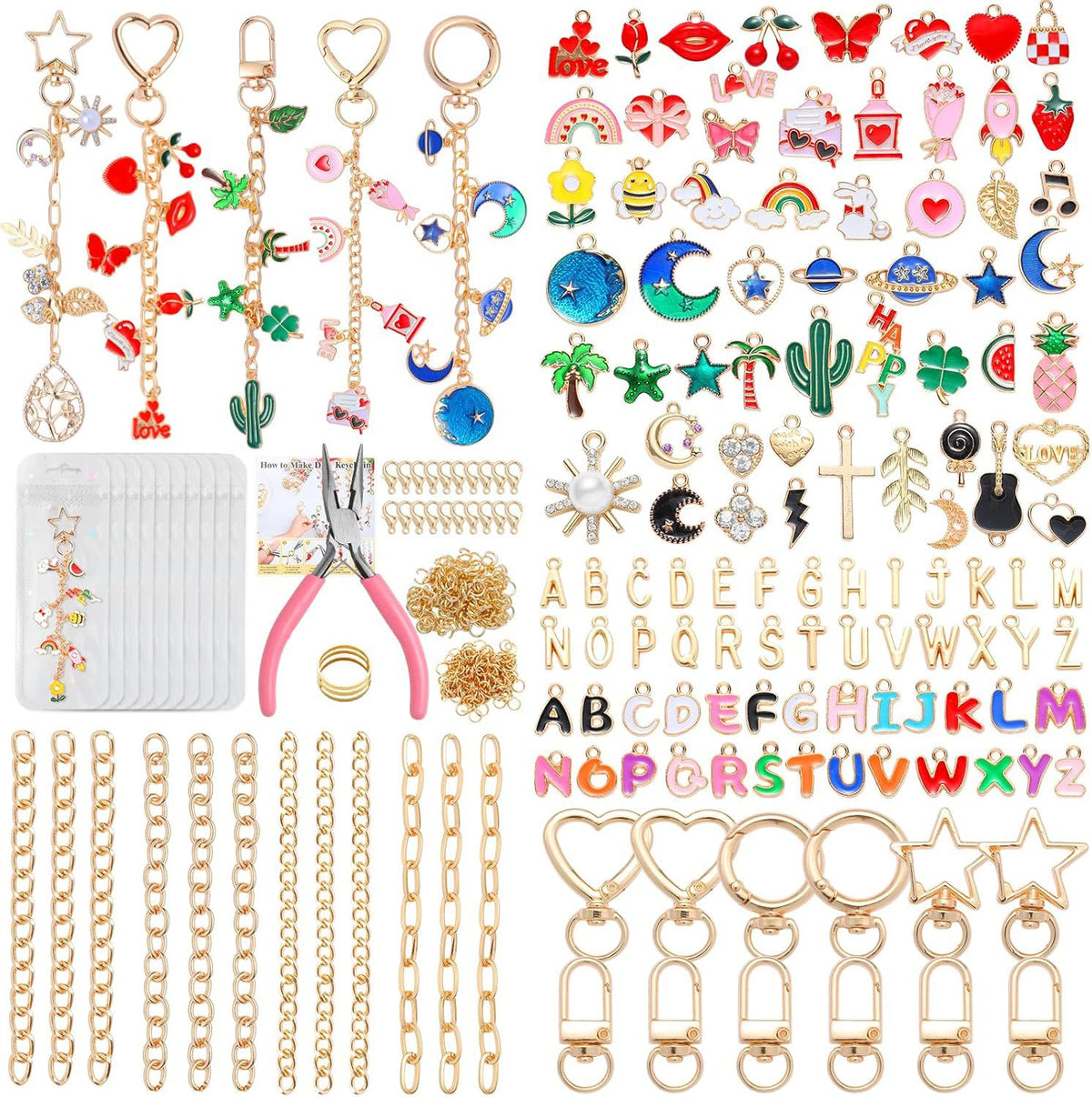 DIY Keychain Making Kit with Alphabet, Animal, and Floral Charms - 352/316 Pcs Craft Supplies