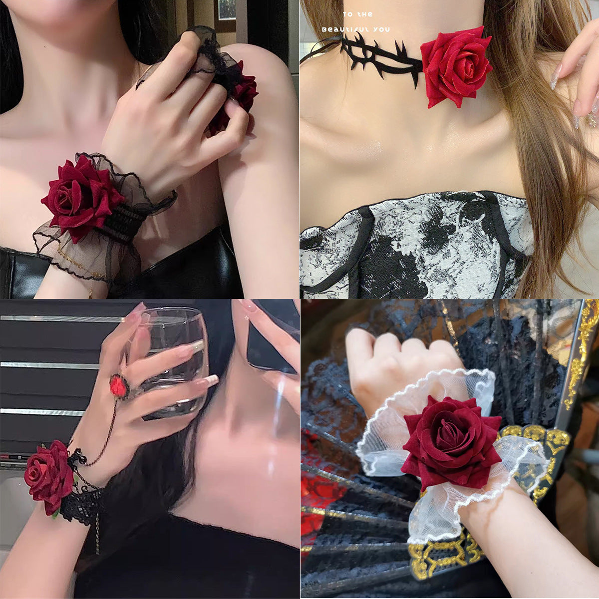 Gothic Lace Rose Wrist Cuff Bracelet & Necklace Set for Halloween Lolita Punk Style