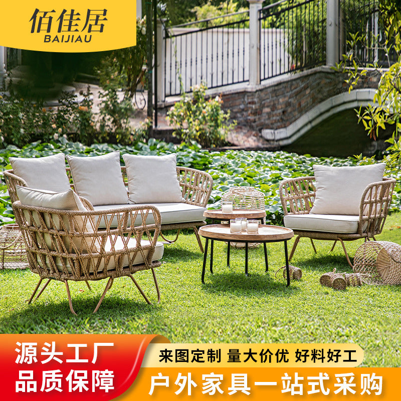 Outdoor Rope Woven Sofa Set with Coffee Table for Patio Garden Balcony