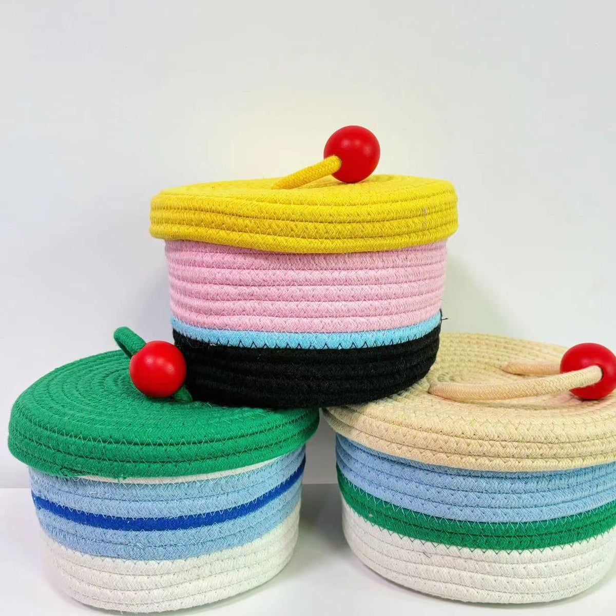 Hand-Woven Cotton Rope Storage Basket with Lid for Home Organization