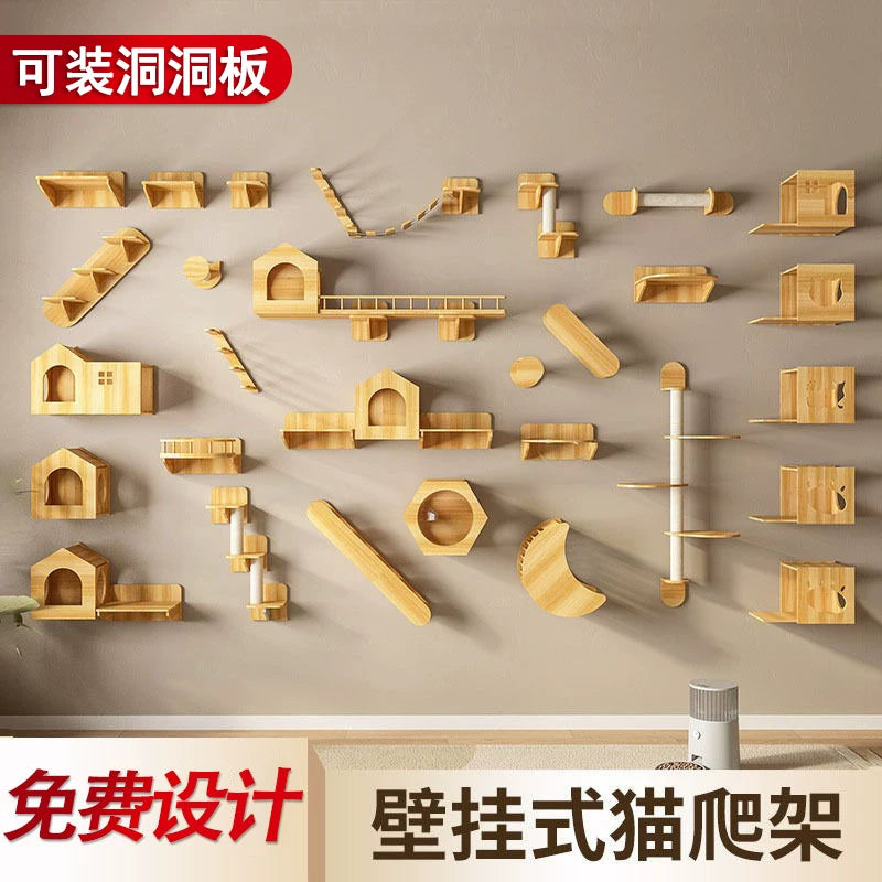 Wall-Mounted Cat Climbing Frame with Solid Wood Perches and Space Capsule Hammock for Cats