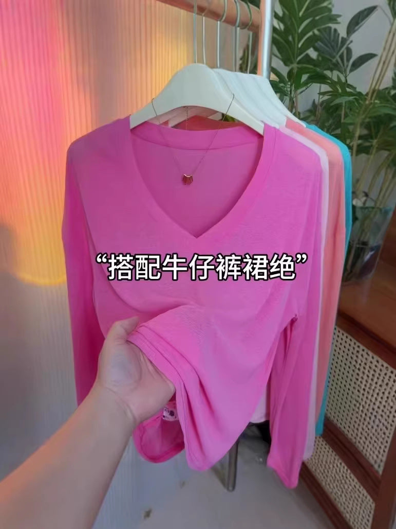 Women's V-Neck Long Sleeve UPF50 Sun Protection T-Shirt Loose Fit Solid Color Top
