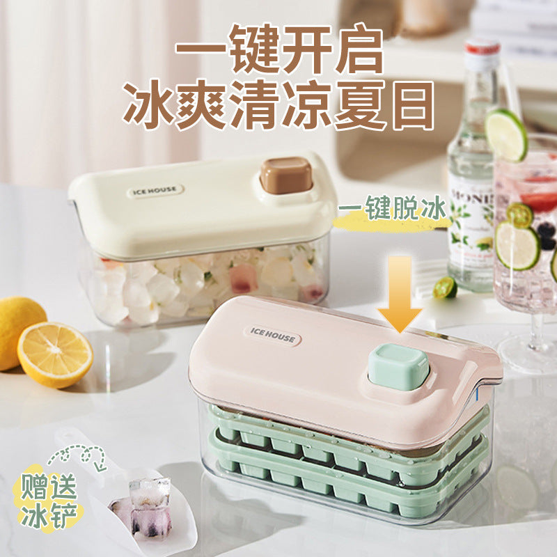 Press-Type Ice Cube Tray with Storage Bin, Food-Grade Double-Layer Ice Maker for Home Refrigerator, Large Capacity