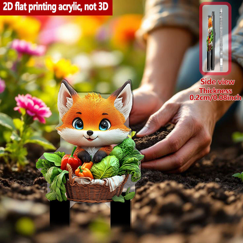 Acrylic Garden Stake with 2D Printed Fox and Vegetable Basket Design for Outdoor Decoration