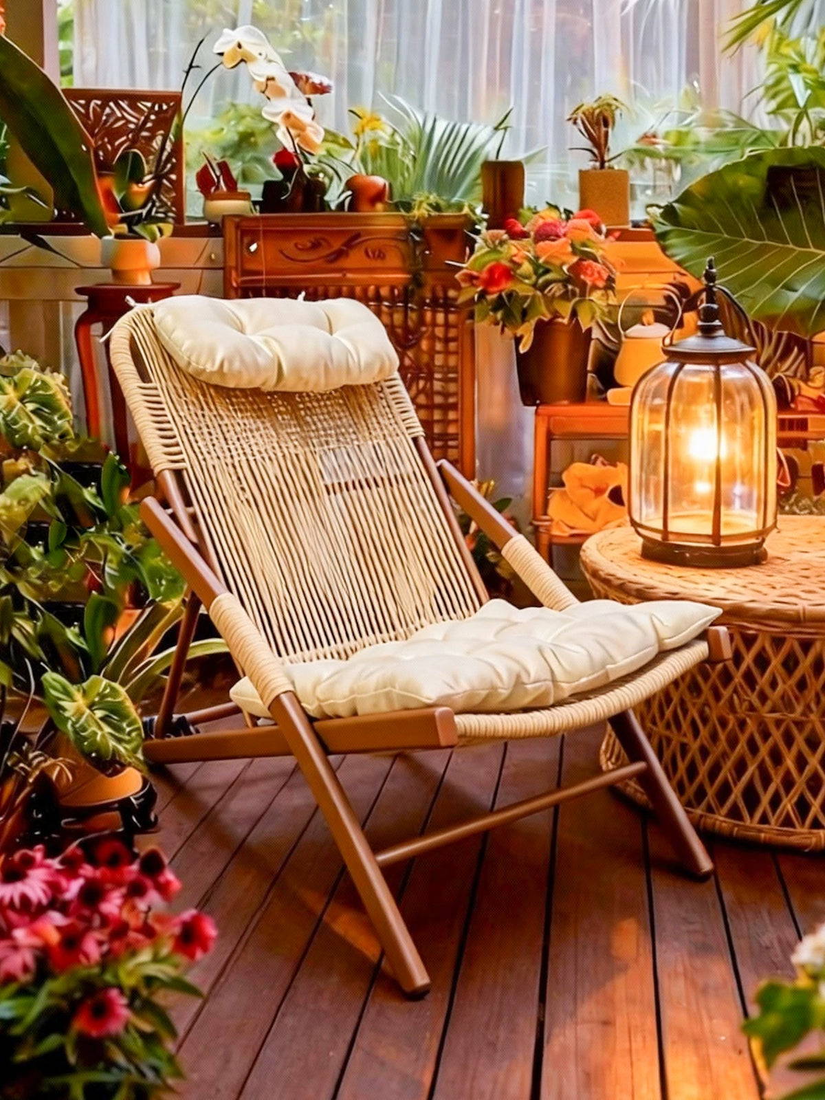 Foldable Rattan Lounge Chair with Ottoman and Side Table for Outdoor Patio Garden Balcony