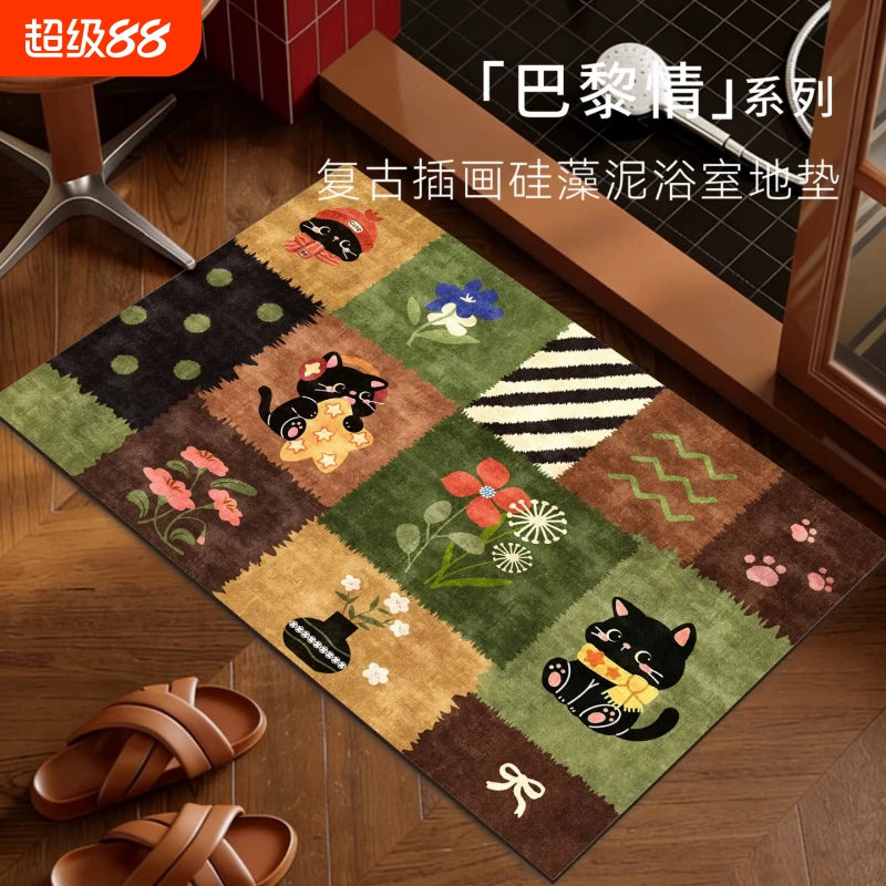 Dopamine Cartoon Diatomaceous Earth Bath Mat - Super Absorbent, Non-Slip, Quick Dry for Bathroom & Entryway