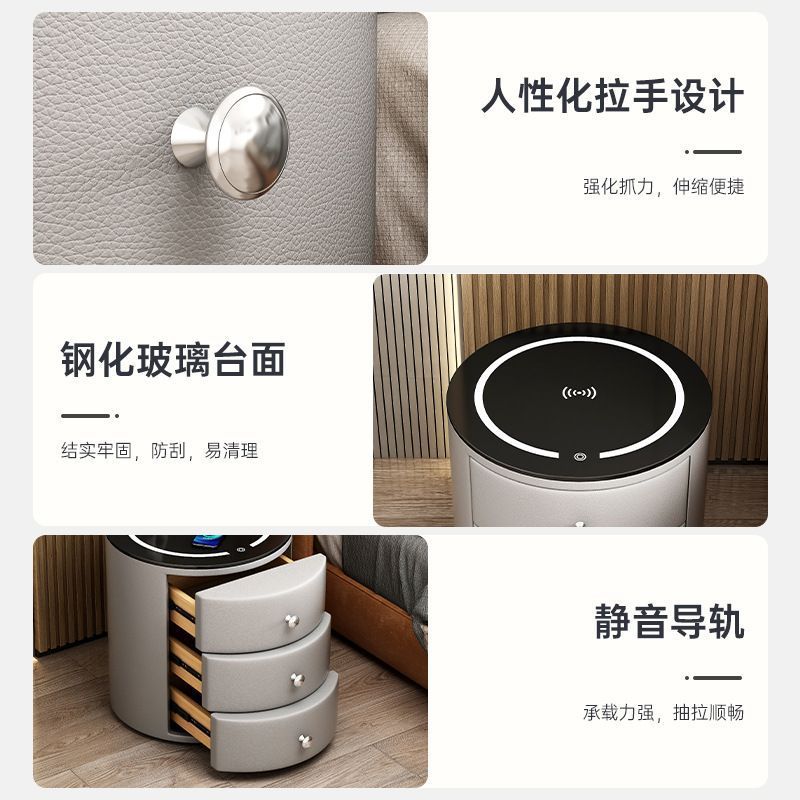 Smart Nightstand with Wireless Charging, 3-Color LED Light, Solid Wood Bedside Table with Storage, Modern Minimalist Design for Home