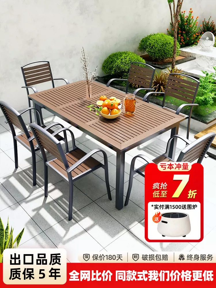 Outdoor Patio Dining Set with Wood-Plastic Composite Table and Chairs for Garden Balcony