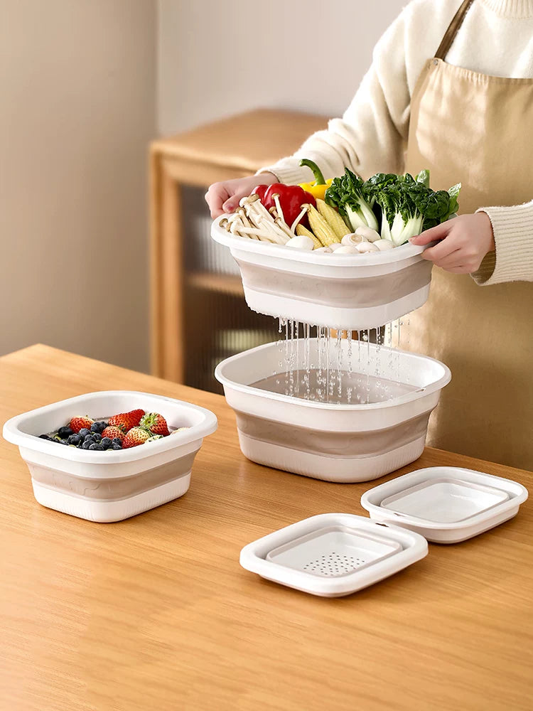 Collapsible Double-Layer Drain Basket Set for Kitchen & Camping - Large Capacity Fruit & Vegetable Washing Bowl