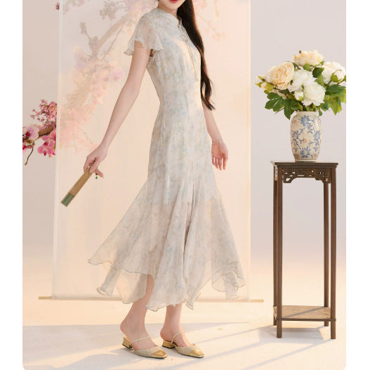 2026 Summer New Chinese Style Chiffon Floral Irregular Cheongsam Dress