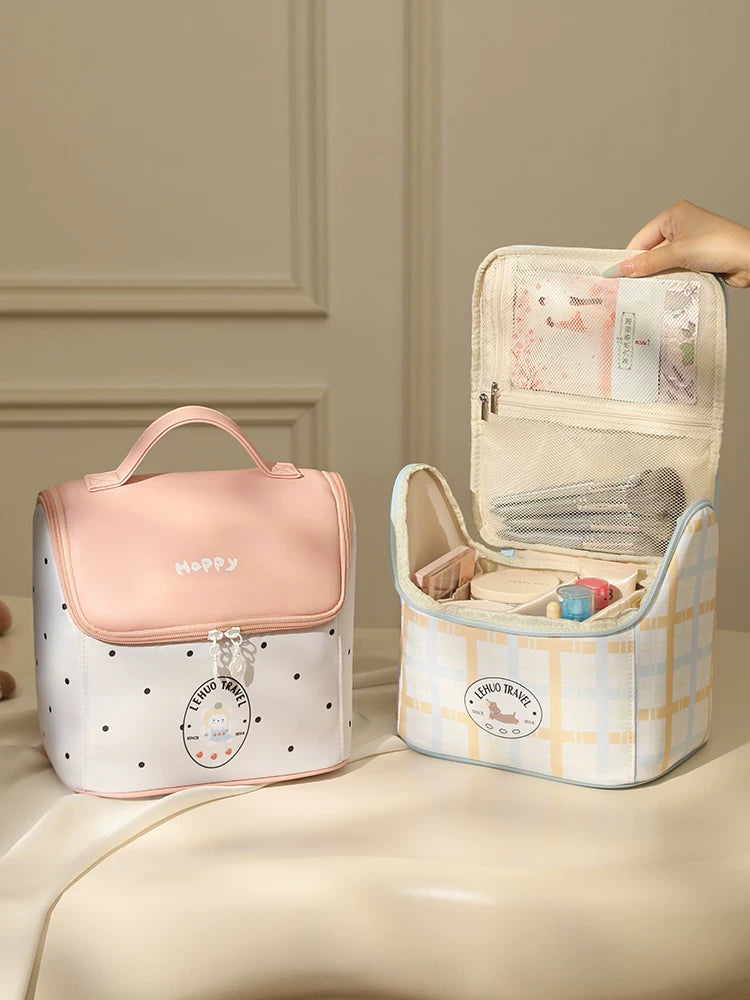 Portable Large Capacity Cosmetic Bag with Removable Dividers and Waterproof Leather