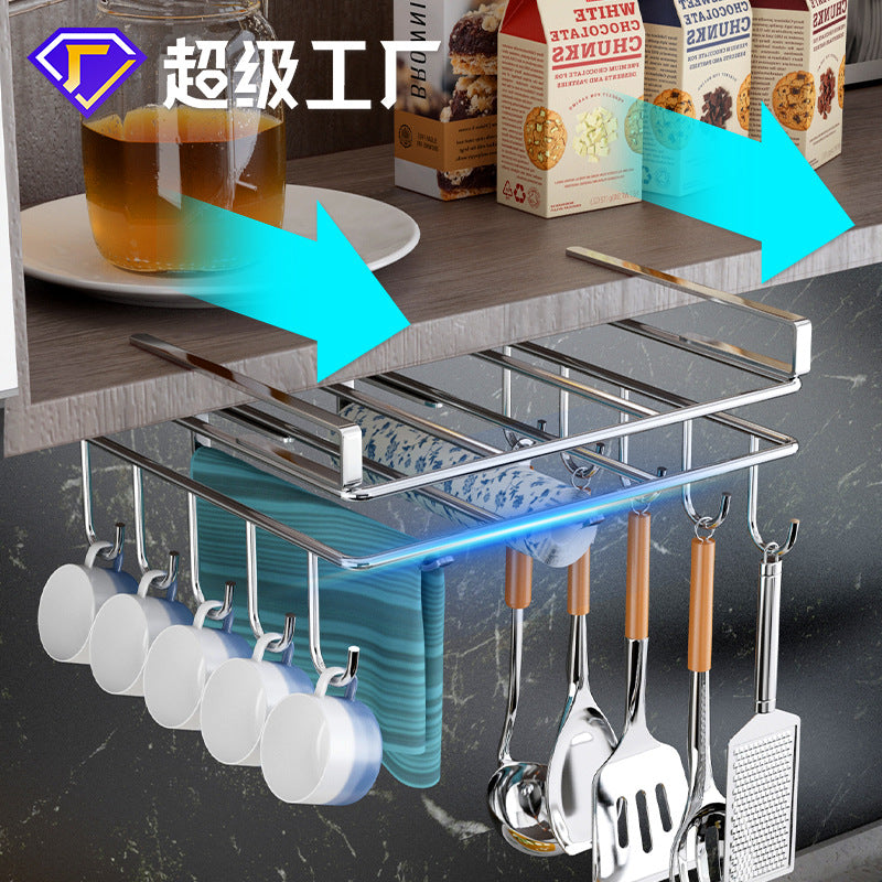 Stainless Steel Kitchen Cabinet Storage Rack, Double-Layer Drill-Free Hanging Shelf, Pot Lid Rack with Hooks and Cup Holder
