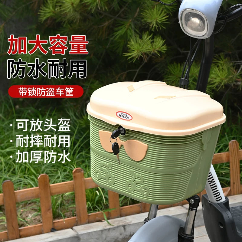 Electric Bicycle Front Basket with Lock, Waterproof, Large Capacity, Helmet Storage, Thickened