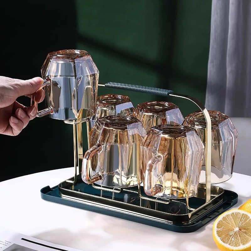 MU Modern Japanese Glass Cup Set with Handle or Handleless Options and Storage Rack