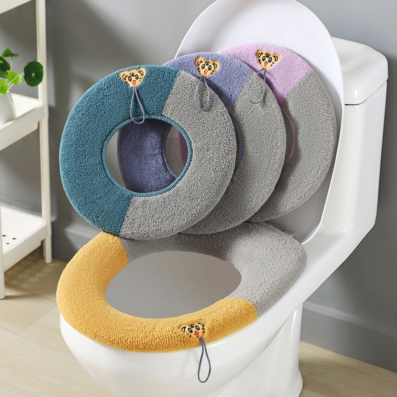 Color-Block Handle Toilet Seat Cover, Plush Knitted Winter Warm Toilet Lid Cover, Household Toilet Cushion